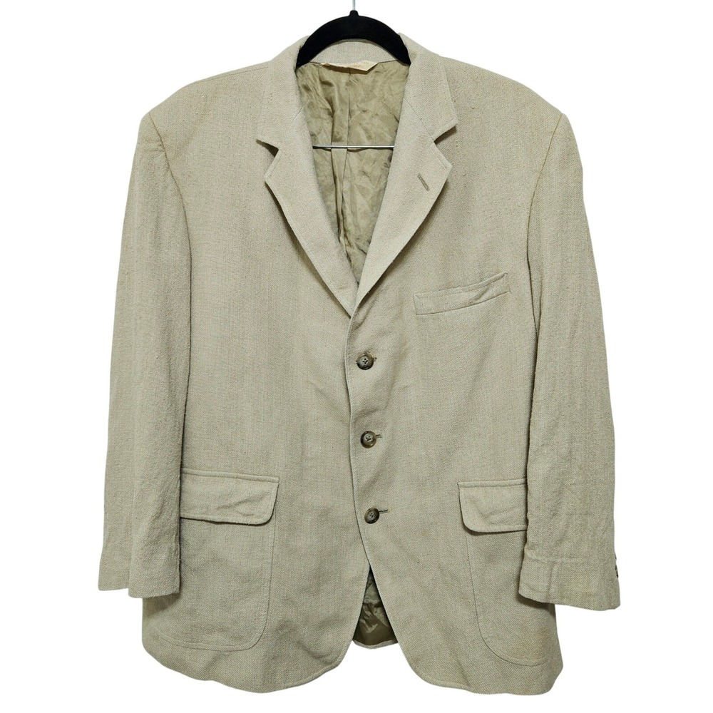 Huntington Mens Hopsack Blazer 3-Button Sport Coat Beige Made in USA Vintage 42S